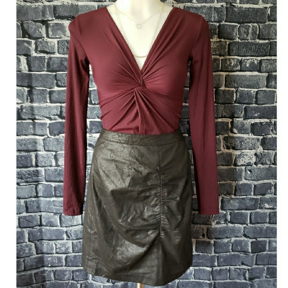 Bar III Ribbed Twist Front Bodysuit Maroon